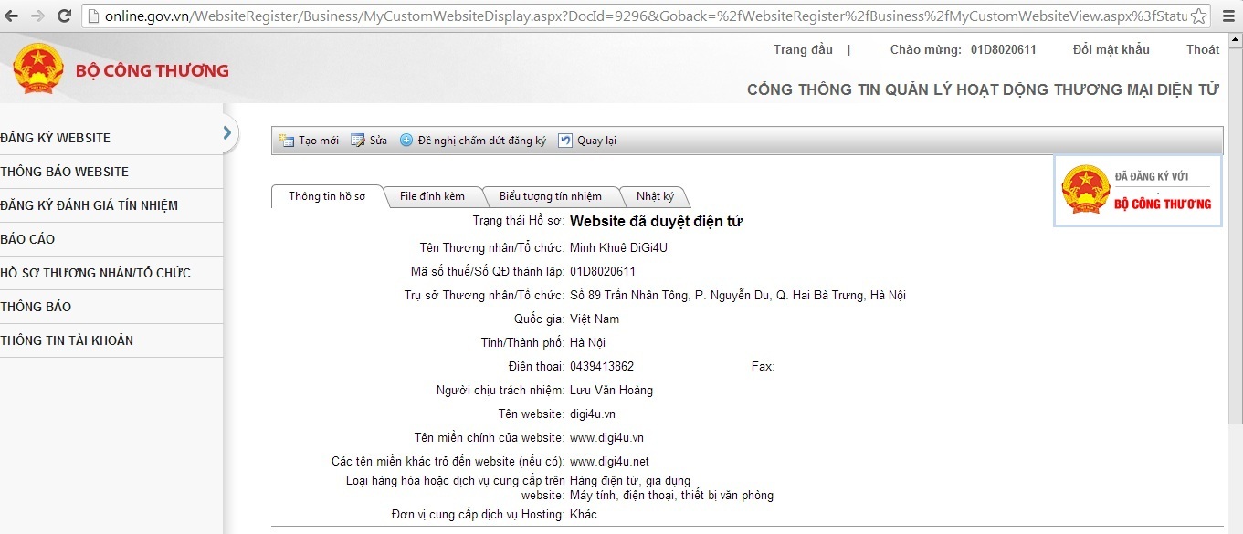 Bộ Công Thương xác thực TMDT trang web Digi4U