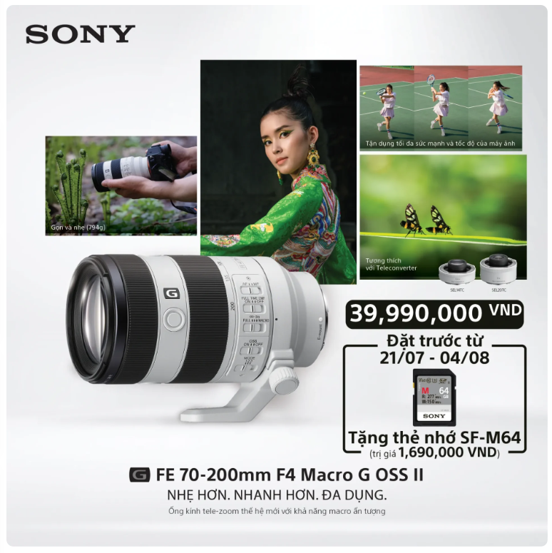 Ống kính Sony FE 70–200 mm F4 Macro G OSS Ⅱ  ( SEL70200G2)  - Chính Hãng - Ra mắt 7-2023