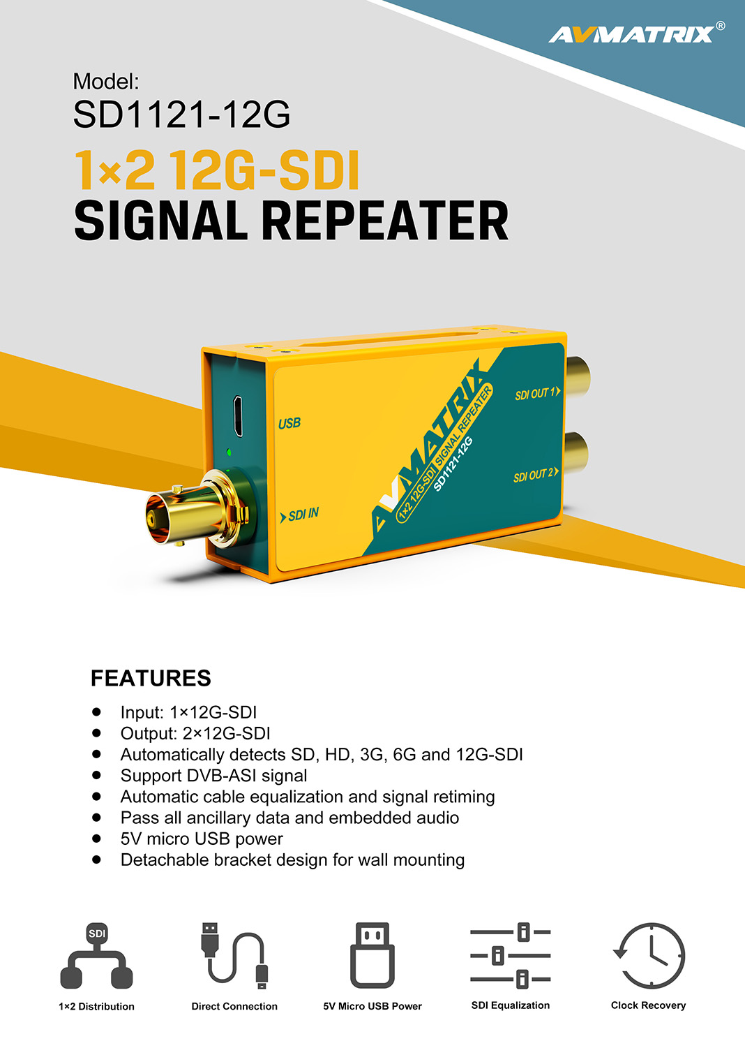 Bộ chia tín hiệu AVMATRIX SD1121 ( 1 ra 2 - 12G-SDI SIGNAL REPEATER )  | Chính Hãng
