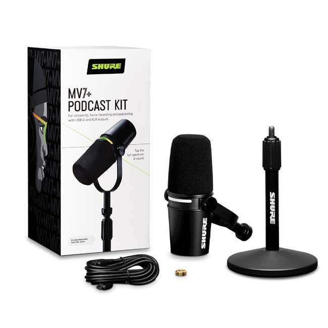 Micro thu âm chuyên podcast cổng USB Shure MV7+ màu đen và chân đế (MV7+-K-BNDL) (NEW) - Chính hãng