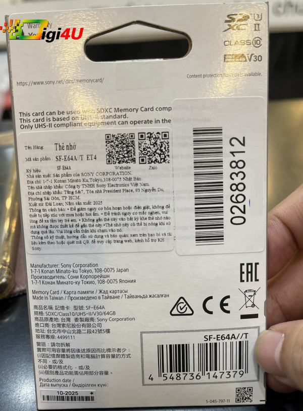 Thẻ nhớ SDXC Sony 64GB 270Mb/45Mb/s (SF-E64A//T) - Chính Hãng