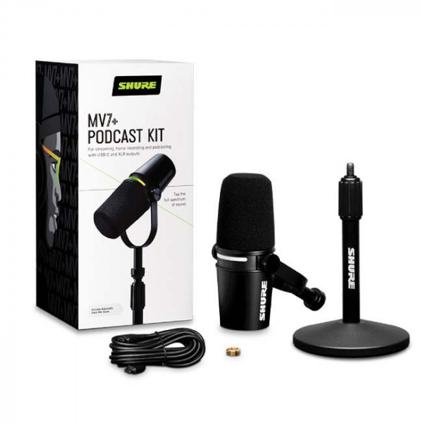 Micro thu âm chuyên podcast cổng USB Shure MV7+ màu đen và chân đế (MV7+-K-BNDL) (NEW) - Chính hãng
