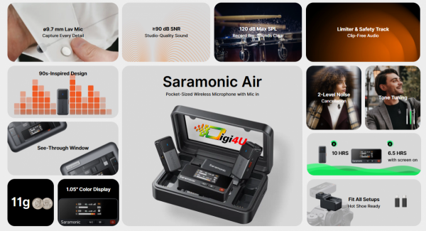 SARAMONIC AIR 01 - Micro không dây siêu nhỏ gọn với cổng Mic In ( 1RX x 2TX ) | Chính hãng 