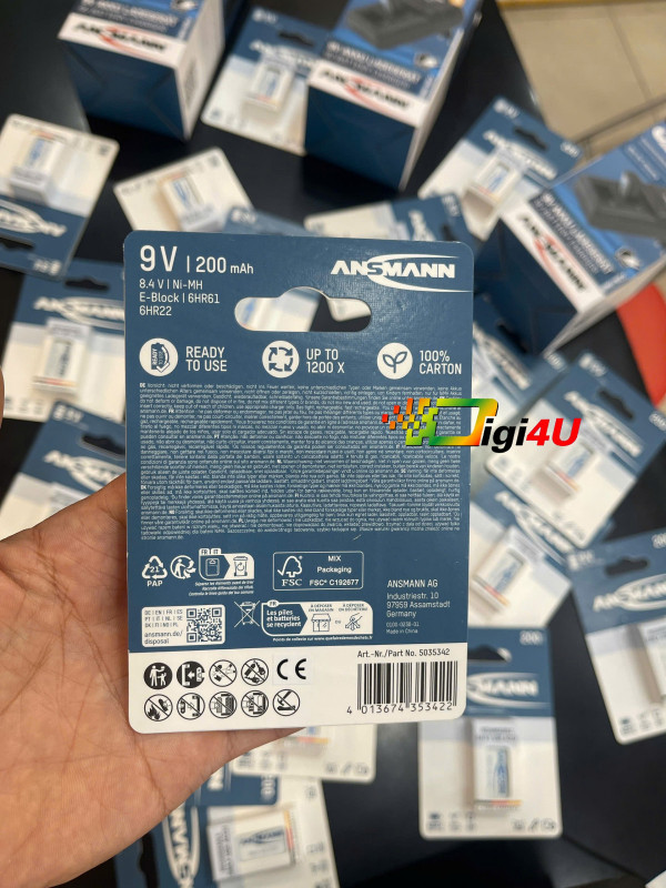 Pin sạc 9v Ansman MaxE 9v-200mAh - 6HR61 (Loại vỉ 1viên) |  chính hãng